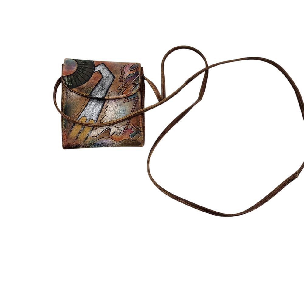 Vintage Anuschka Hand Painted Lightening Storm Leather Crossbody Flap Wallet Bag